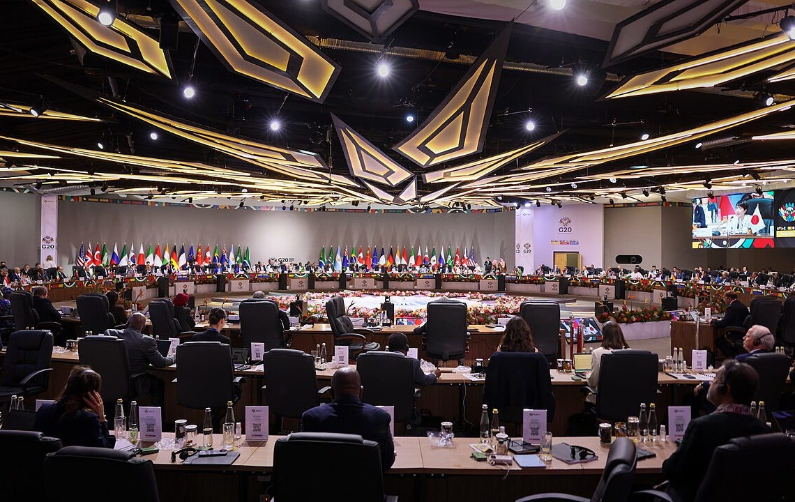 Wide photograph of delegates meeting at the G20 leaders' summit in Johannesburg, South Africa, on 22 November 2025.