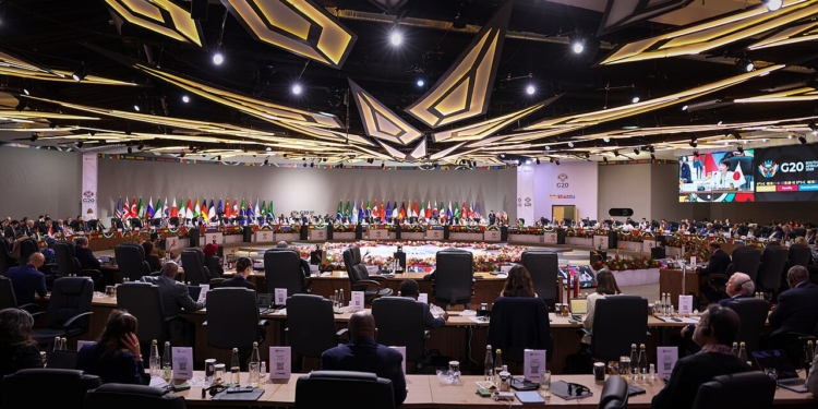 Wide photograph of delegates meeting at the G20 leaders' summit in Johannesburg, South Africa, on 22 November 2025.