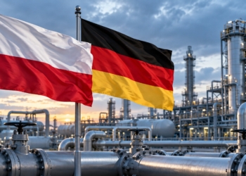 Polish and German flags in front of natural gas pipelines and industrial equipment at twilight. Symbolic digital illustration.