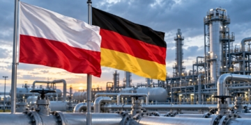 Polish and German flags in front of natural gas pipelines and industrial equipment at twilight. Symbolic digital illustration.