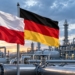 Polish and German flags in front of natural gas pipelines and industrial equipment at twilight. Symbolic digital illustration.