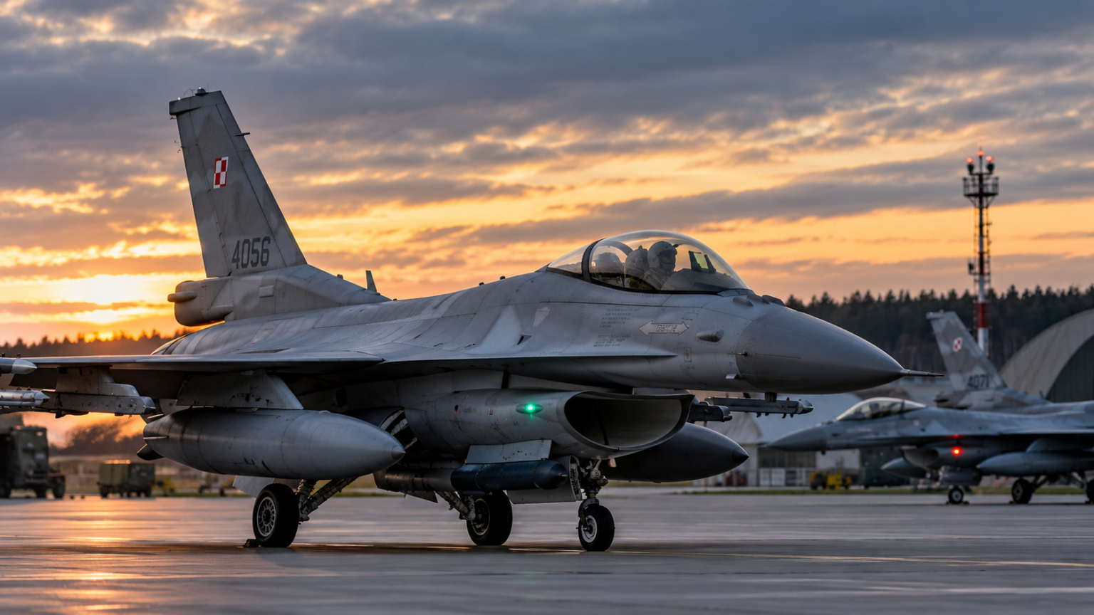 Digitally created editorial illustration of Polish F-16 fighter aircraft on an airbase runway at dawn; not a photograph of the actual military response.