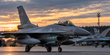 Digitally created editorial illustration of Polish F-16 fighter aircraft on an airbase runway at dawn; not a photograph of the actual military response.