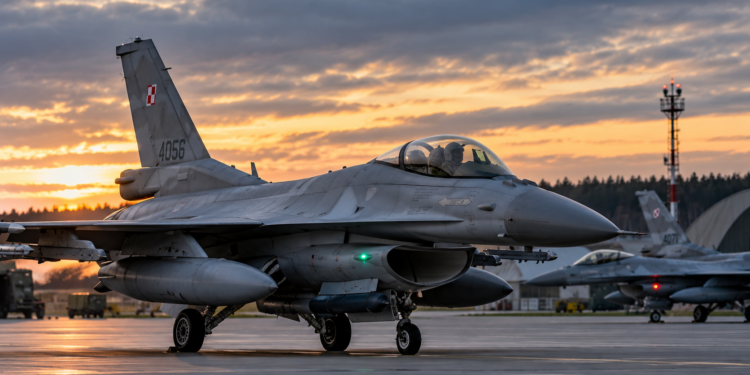Digitally created editorial illustration of Polish F-16 fighter aircraft on an airbase runway at dawn; not a photograph of the actual military response.