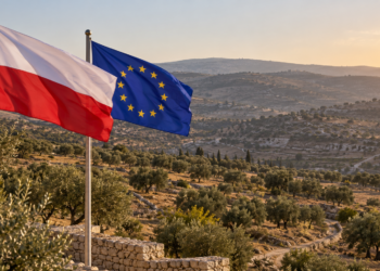 Digitally created illustration of Polish and European Union flags overlooking an olive grove; not a photograph of the West Bank incident.