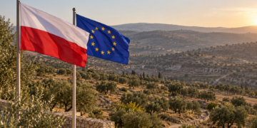 Digitally created illustration of Polish and European Union flags overlooking an olive grove; not a photograph of the West Bank incident.