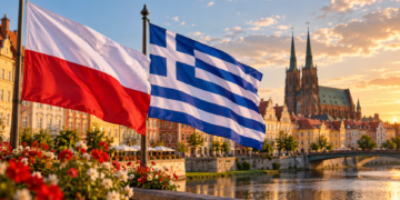 Digitally created illustration of Polish and Greek national flags above a fictionalised historic European riverside town; not a photograph of an actual ceremony.