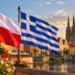 Digitally created illustration of Polish and Greek national flags above a fictionalised historic European riverside town; not a photograph of an actual ceremony.