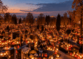 Illustrative view of a Polish cemetery illuminated by memorial candles at dusk
