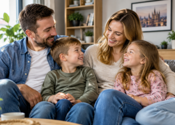 Digitally created illustrative image of two parents and two children seated together at home; not an actual photograph of benefit recipients.
