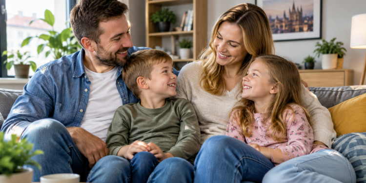 Digitally created illustrative image of two parents and two children seated together at home; not an actual photograph of benefit recipients.