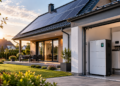 Digitally created editorial illustration of a Polish-style home with rooftop photovoltaic panels and a domestic electricity-storage battery in the garage, not a photograph of a specific grant-funded installation.