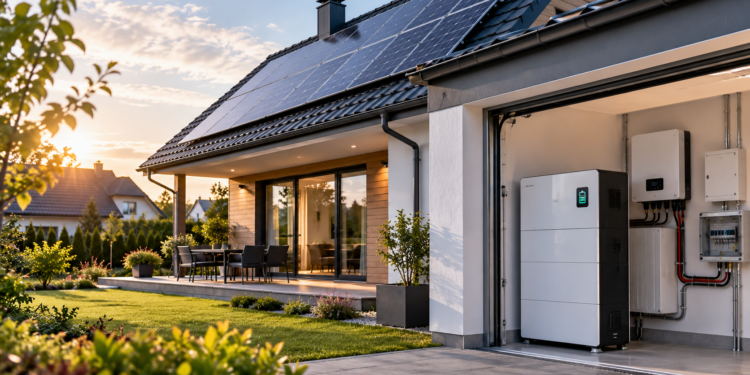 Digitally created editorial illustration of a Polish-style home with rooftop photovoltaic panels and a domestic electricity-storage battery in the garage, not a photograph of a specific grant-funded installation.