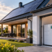 Digitally created editorial illustration of a Polish-style home with rooftop photovoltaic panels and a domestic electricity-storage battery in the garage, not a photograph of a specific grant-funded installation.