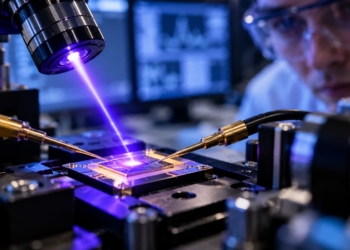 AI-generated illustration of purple light shining on an experimental semiconductor chip in a photonics laboratory; not a photo of the actual Polish research device.