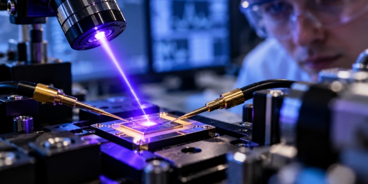 AI-generated illustration of purple light shining on an experimental semiconductor chip in a photonics laboratory; not a photo of the actual Polish research device.