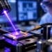 AI-generated illustration of purple light shining on an experimental semiconductor chip in a photonics laboratory; not a photo of the actual Polish research device.
