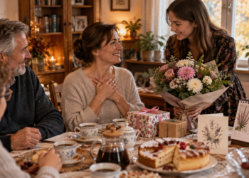Editorial illustration of a woman receiving a bouquet of flowers at a family name-day celebration, surrounded by relatives with cake and tea on a table.