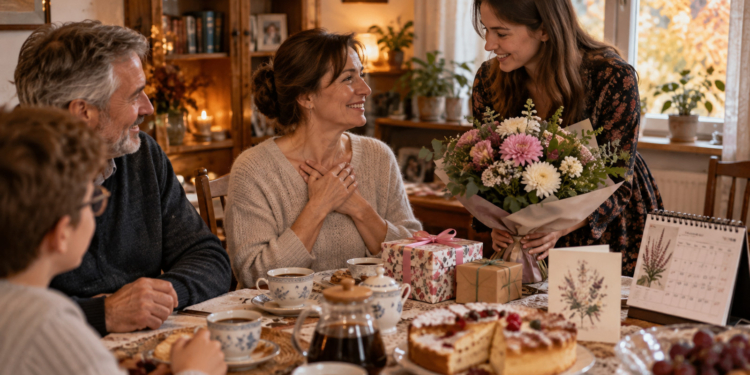 Editorial illustration of a woman receiving a bouquet of flowers at a family name-day celebration, surrounded by relatives with cake and tea on a table.