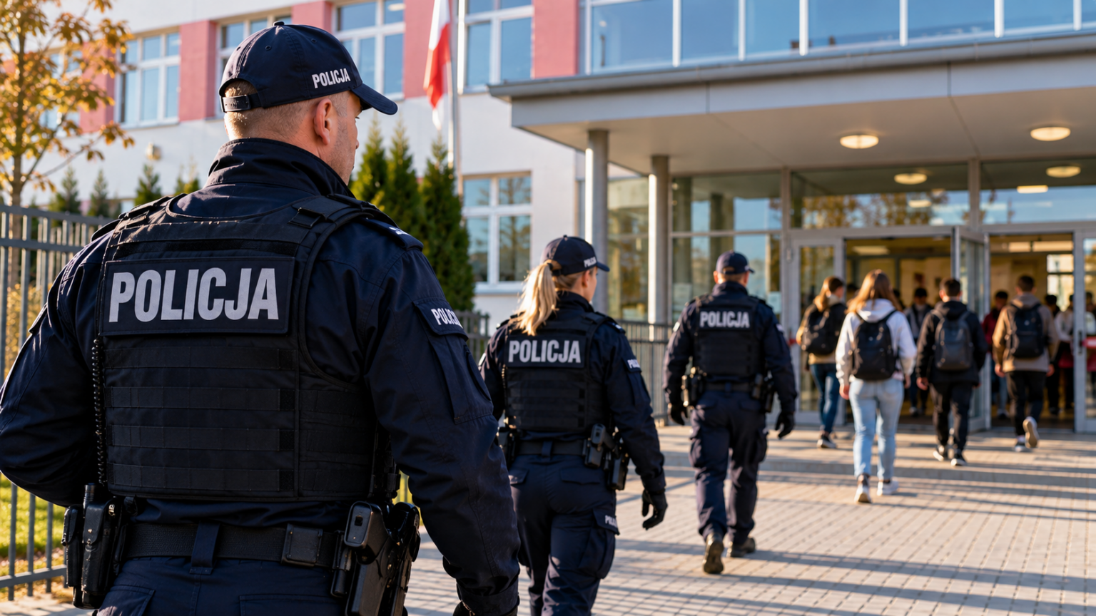 Digitally created editorial illustration of Polish police officers outside a school; not a photograph of a specific school inspection.