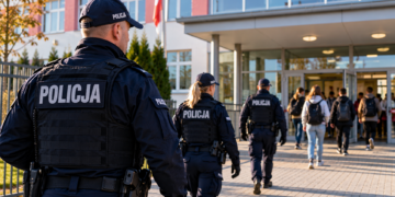 Digitally created editorial illustration of Polish police officers outside a school; not a photograph of a specific school inspection.