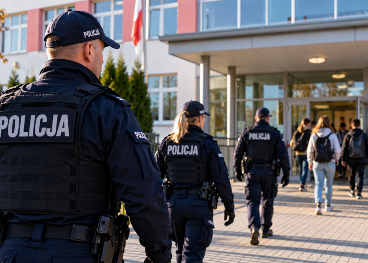 Digitally created editorial illustration of Polish police officers outside a school; not a photograph of a specific school inspection.