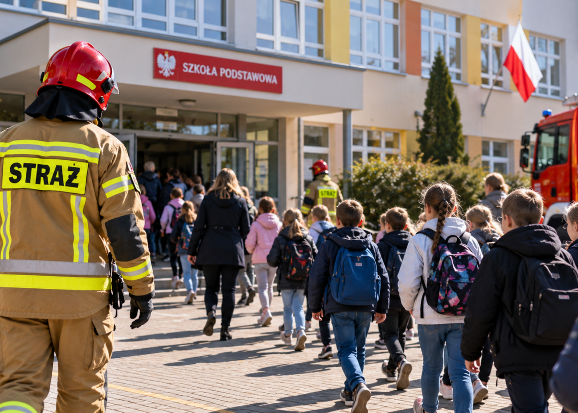 Digitally created illustrative image of a firefighter and pupils outside a Polish school, not an actual drill under the proposed regulations.