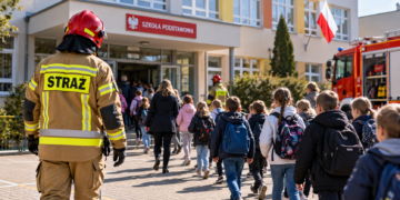 Digitally created illustrative image of a firefighter and pupils outside a Polish school, not an actual drill under the proposed regulations.