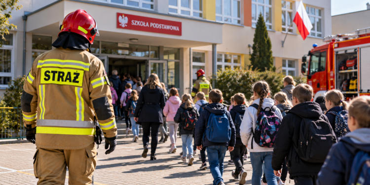 Digitally created illustrative image of a firefighter and pupils outside a Polish school, not an actual drill under the proposed regulations.