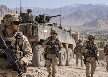 Digital editorial illustration of Polish soldiers and a Rosomak-style armoured vehicle in Afghanistan; not a documentary photograph of a specific patrol.