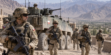 Digital editorial illustration of Polish soldiers and a Rosomak-style armoured vehicle in Afghanistan; not a documentary photograph of a specific patrol.