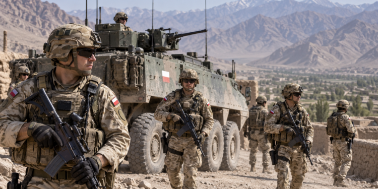 Digital editorial illustration of Polish soldiers and a Rosomak-style armoured vehicle in Afghanistan; not a documentary photograph of a specific patrol.