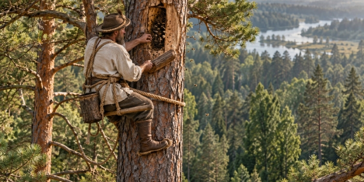 Generated illustration of a traditional Polish tree beekeeper on a rope high in a pine tree, working by an open hive cavity surrounded by forest