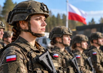 Digitally created editorial illustration of Polish women and men in military uniforms at a training formation, not a documentary photograph of a specific event.