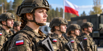 Digitally created editorial illustration of Polish women and men in military uniforms at a training formation, not a documentary photograph of a specific event.