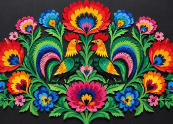 Illustrative colourful Polish wycinanki paper-cut folk art with symmetrical flowers and birds