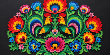 Illustrative colourful Polish wycinanki paper-cut folk art with symmetrical flowers and birds