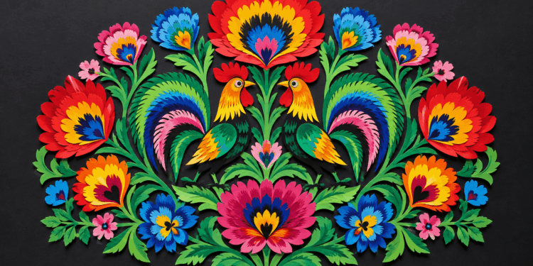 Illustrative colourful Polish wycinanki paper-cut folk art with symmetrical flowers and birds