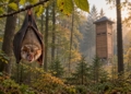 Symbolic digital illustration of a horseshoe-type bat hanging in a golden woodland, with a tall wooden bat-conservation tower behind.
