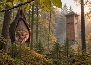 Symbolic digital illustration of a horseshoe-type bat hanging in a golden woodland, with a tall wooden bat-conservation tower behind.
