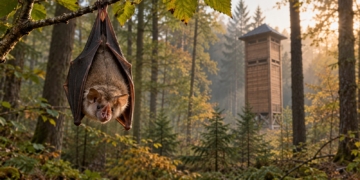 Symbolic digital illustration of a horseshoe-type bat hanging in a golden woodland, with a tall wooden bat-conservation tower behind.