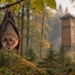 Symbolic digital illustration of a horseshoe-type bat hanging in a golden woodland, with a tall wooden bat-conservation tower behind.