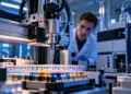 Digital illustration of a robotic chemistry workstation dispensing liquid into sample vials, with a scientist and analytical instruments behind it.