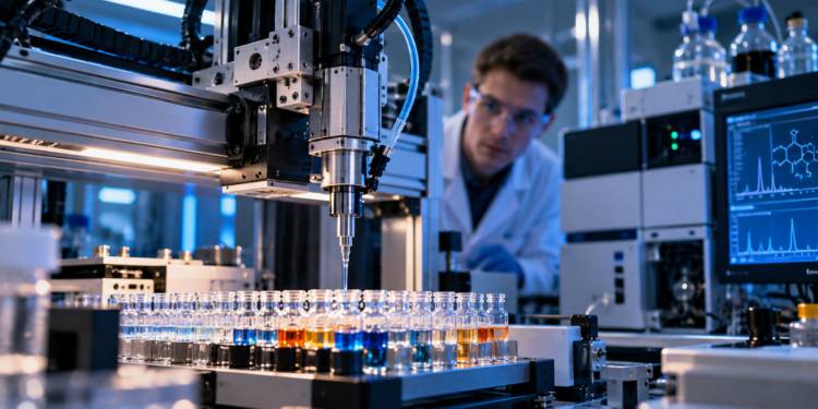 Digital illustration of a robotic chemistry workstation dispensing liquid into sample vials, with a scientist and analytical instruments behind it.