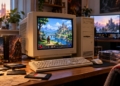 AI-generated editorial illustration of a classic 1990s desktop computer running fictional retro pixel-art gameplay, with modern computer equipment behind it