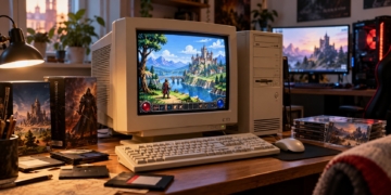 AI-generated editorial illustration of a classic 1990s desktop computer running fictional retro pixel-art gameplay, with modern computer equipment behind it