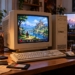 AI-generated editorial illustration of a classic 1990s desktop computer running fictional retro pixel-art gameplay, with modern computer equipment behind it