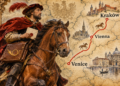 AI-generated editorial illustration of a Renaissance royal courier beside a stylised Kraków–Vienna–Venice route map