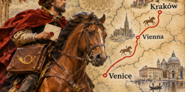 AI-generated editorial illustration of a Renaissance royal courier beside a stylised Kraków–Vienna–Venice route map