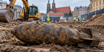Digitally created editorial illustration of an unexploded wartime aerial bomb at a modern construction site; not an actual photograph of the Wrocław bomb.